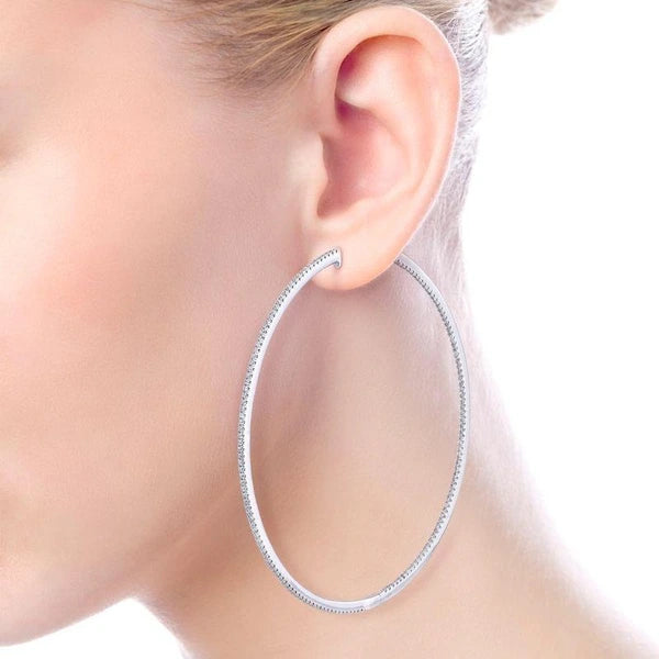 14K White Gold French e 70mm Round Inside Out Diamond Hoop Earrings