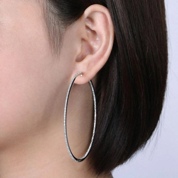 14K White Gold French e 70mm Round Inside Out Diamond Hoop Earrings