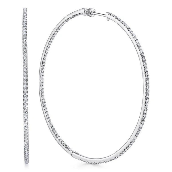 14K White Gold French e 70mm Round Inside Out Diamond Hoop Earrings
