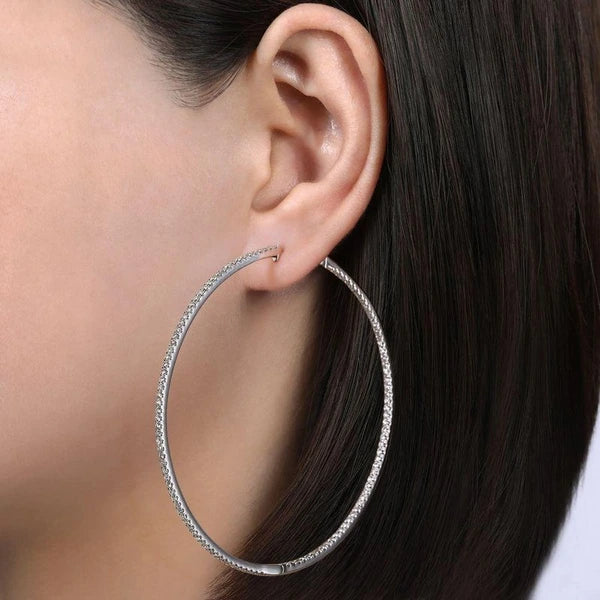 14K White Gold French e 70mm Round Inside Out Diamond Hoop Earrings