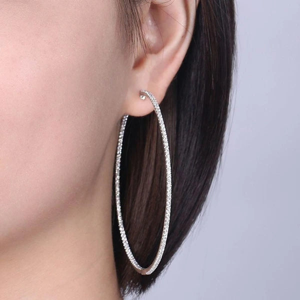 14K White Gold French e 70mm Round Inside Out Diamond Hoop Earrings