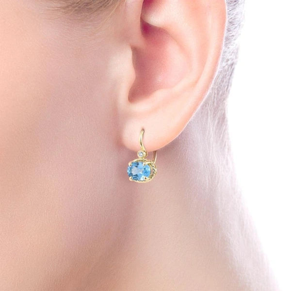 14k Yellow Gold Oval Swiss Blue Topaz & Diamond Drop Earrings