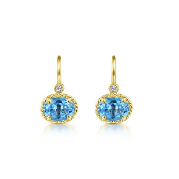 14k Yellow Gold Oval Swiss Blue Topaz & Diamond Drop Earrings