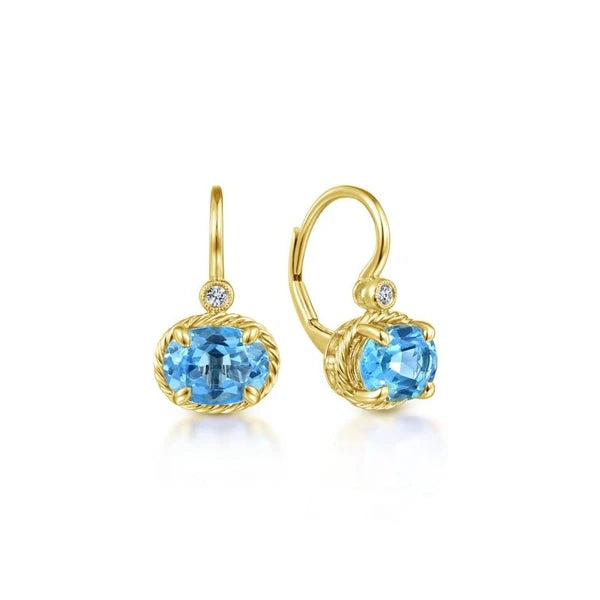 14k Yellow Gold Oval Swiss Blue Topaz & Diamond Drop Earrings
