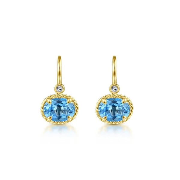 14k Yellow Gold Oval Swiss Blue Topaz & Diamond Drop Earrings