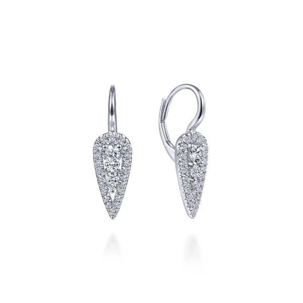 14K White Gold Long Cluster Teardrop Leverback Earrings