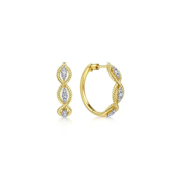 14K Yellow Gold Twisted Layered 20mm Diamond Hoop Earrings