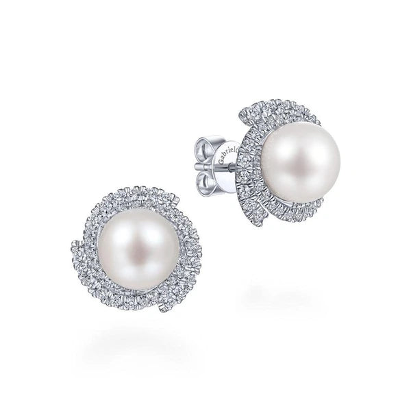 14K White Gold Round Cultured Pearl Swirling Diamond Halo Stud Earrings