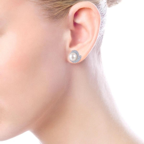 14K White Gold Round Cultured Pearl Swirling Diamond Halo Stud Earrings