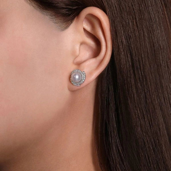 14K White Gold Round Cultured Pearl Swirling Diamond Halo Stud Earrings