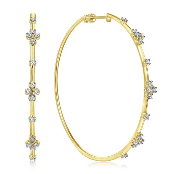 14K Yellow Gold Prong Set 60mm Round Classic Diamond Hoop Earrings