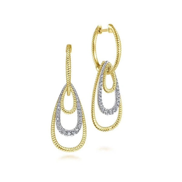 14K Yellow-White Gold Diamond Huggies With Graduating Teardrops
