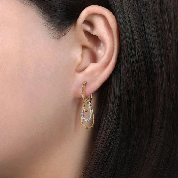 14K Yellow-White Gold Diamond Huggies With Graduating Teardrops