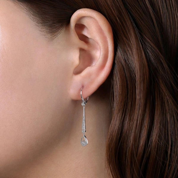 14K White Gold Diamond Bar Leverback Earrings
