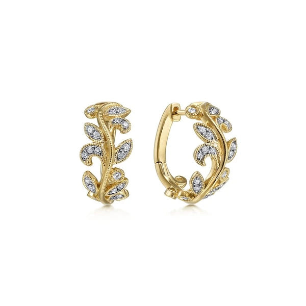 14K Yellow Gold Floral15mm Diamond Huggies