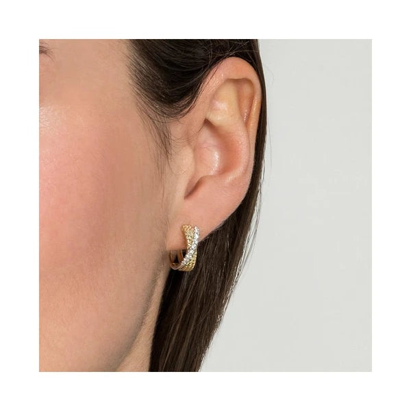 14K Yellow-White Gold Twisted 15mm Diamond Huggie Earrings