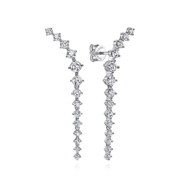 18K White Gold Curved Diamond Linear Stud Earrings
