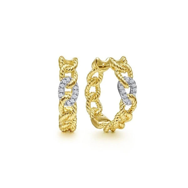 14K Yellow-White Gold 20mm Twisted Rope Link with Diamond Pave Classic Hoop Earrings