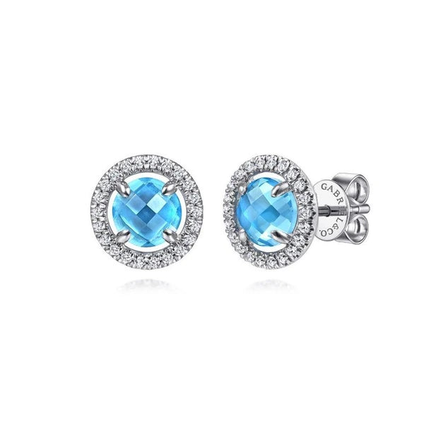 14K White Gold Round Blue Topaz Floating Diamond Halo Stud Earrings