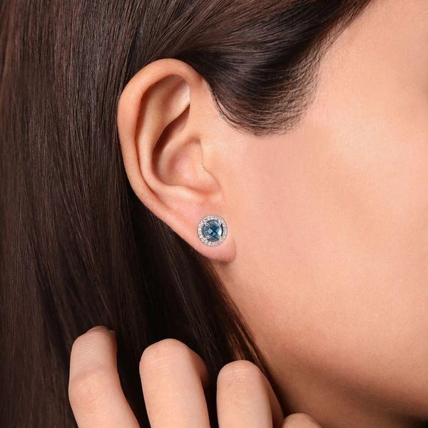 14K White Gold Round Blue Topaz Floating Diamond Halo Stud Earrings