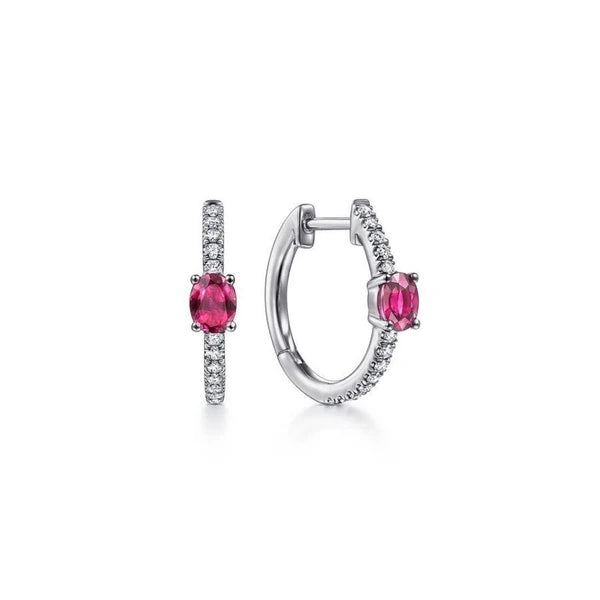 14K White Gold 15mm Oval Ruby and Diamond Huggies