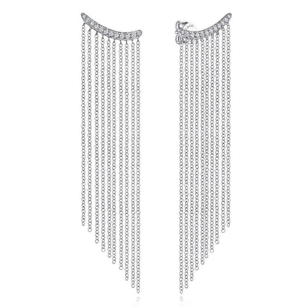 14K White Gold Cascading Chain and Curved Diamond Stud Earrings