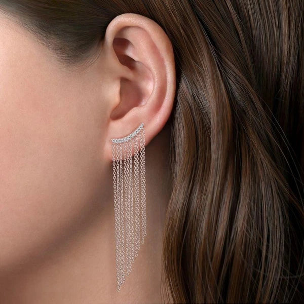 14K White Gold Cascading Chain and Curved Diamond Stud Earrings
