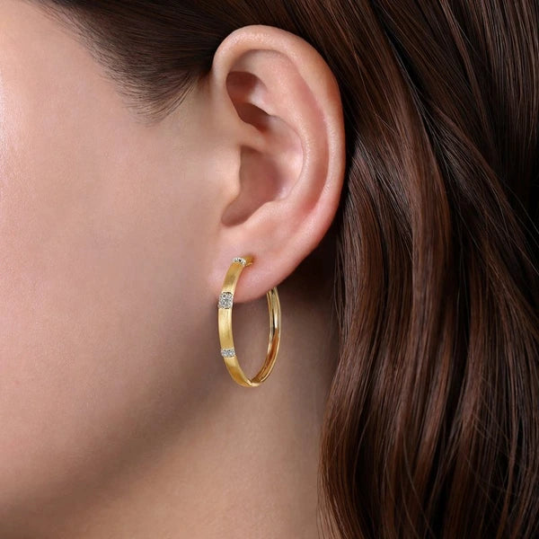 14K White-Yellow Gold 30mm Classic Diamond Hoop Earrings
