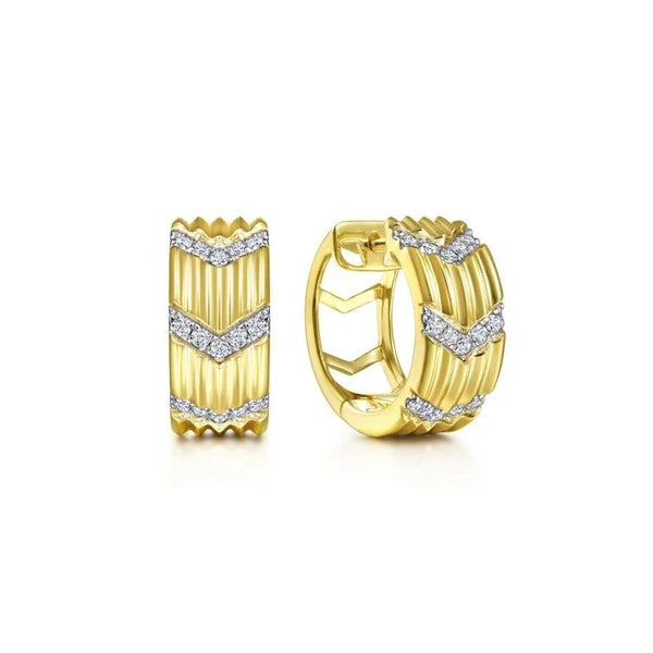 14K Yellow Gold Wide 15mm Chevron Diamond Station Huggies