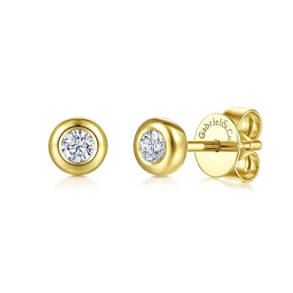 14K Yellow Gold Bezel Set White Sapphire  Stud Earrings