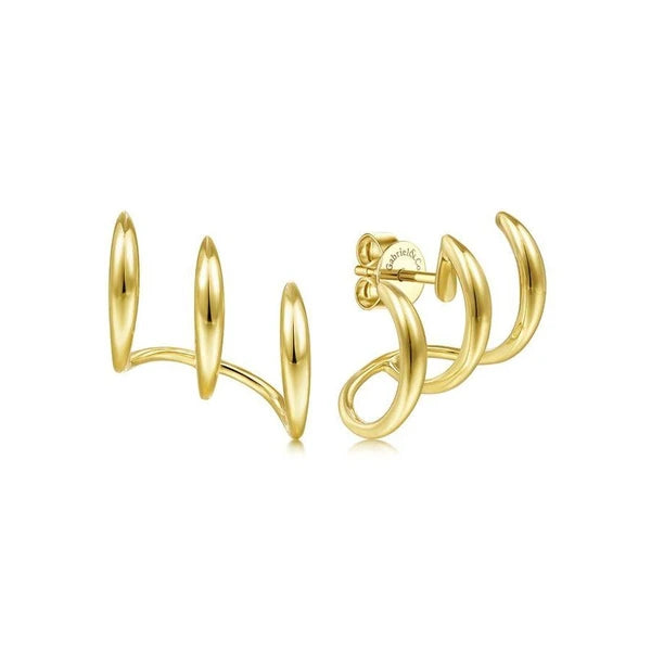 14K Yellow Gold Curving Three Row Stud Earrings