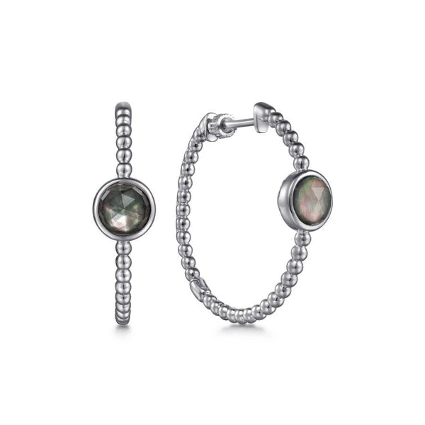 925 Sterling Silver 30MM Rock Crystal and Black MOP Classic Hoop Earrings