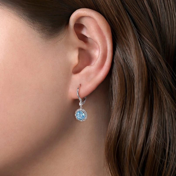 14K White Gold Round Blue Topaz and Diamond Halo Drop Earrings