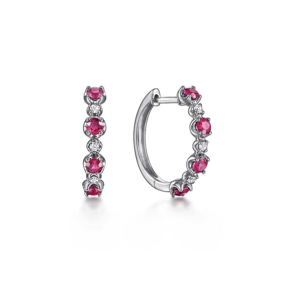 14K White Gold 15mm Diamond and Ruby Huggie Earrings