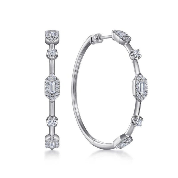 14K White Gold 40mm Diamond Baguette and Round Station Classic Hoop Earrings