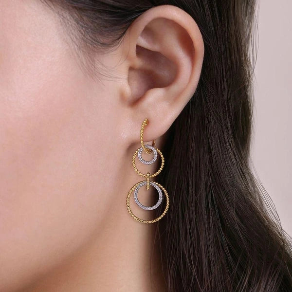 14K White-Yellow Gold Diamond Huggie Drop Earrings