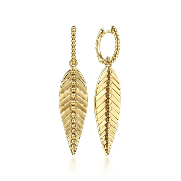 14K Yellow Plain Gold Huggie Drop Leaf Earrings