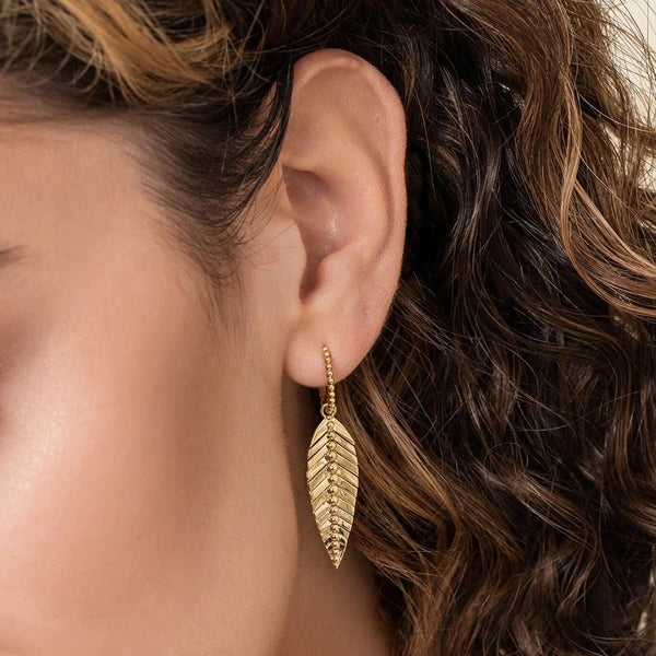 14K Yellow Plain Gold Huggie Drop Leaf Earrings
