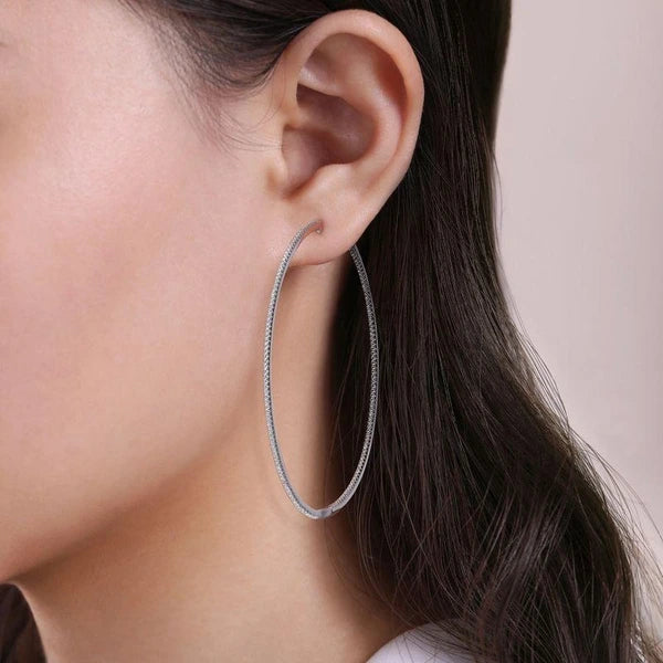 14K White Gold French Pave 80mm Round Inside Out Diamond Hoop Earrings