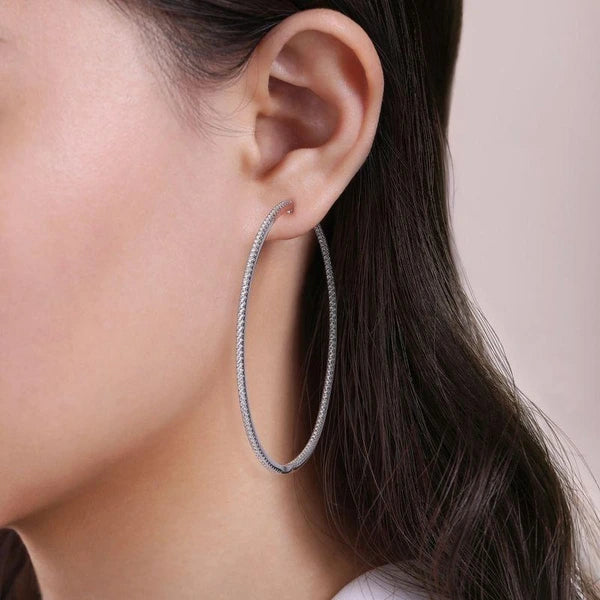 14K White Gold French Pave 80mm Round Inside Out Diamond Hoop Earrings