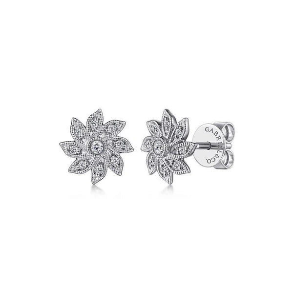 14K White Gold Floral Diamond Stud Earrings