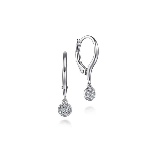 14K White Gold Lever Back Earrings with Diamond Pave Disc Drops