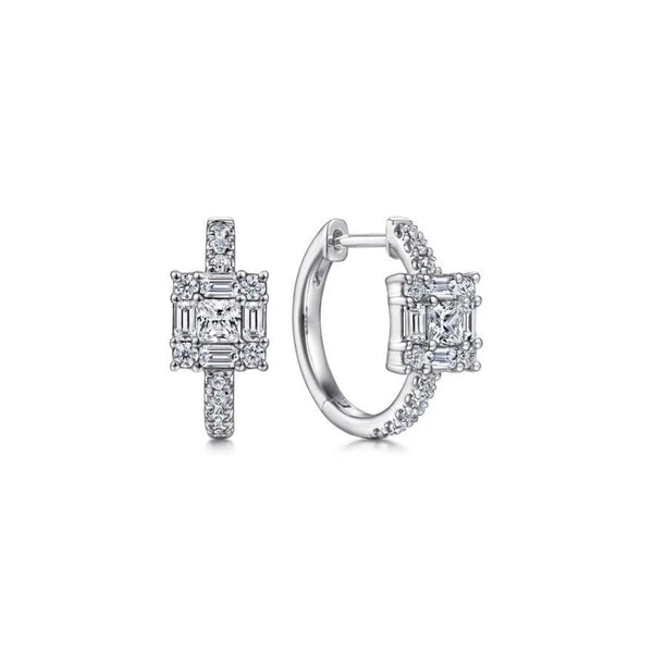 14K White Gold Baguette and Round Square Station Diamond Huggies