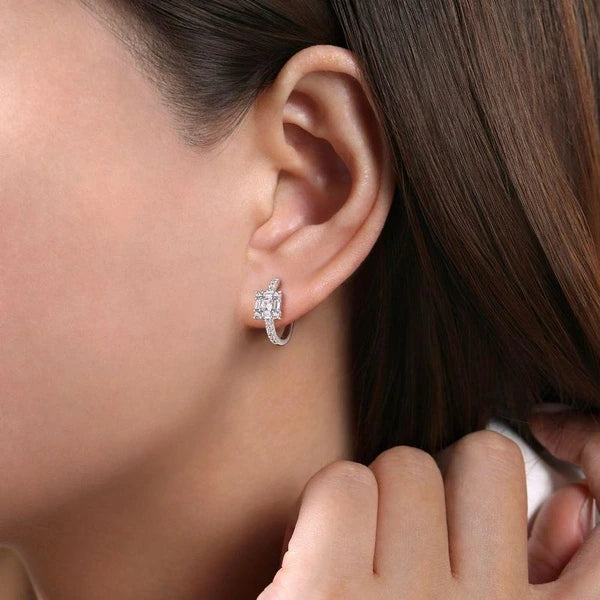 14K White Gold Baguette and Round Square Station Diamond Huggies