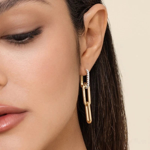 14K Yellow Gold Diamond Link Hollow Chain Drop Earrings