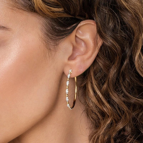 14K Yellow Gold 40mm Diamond Station Intricate Hoop Earrings