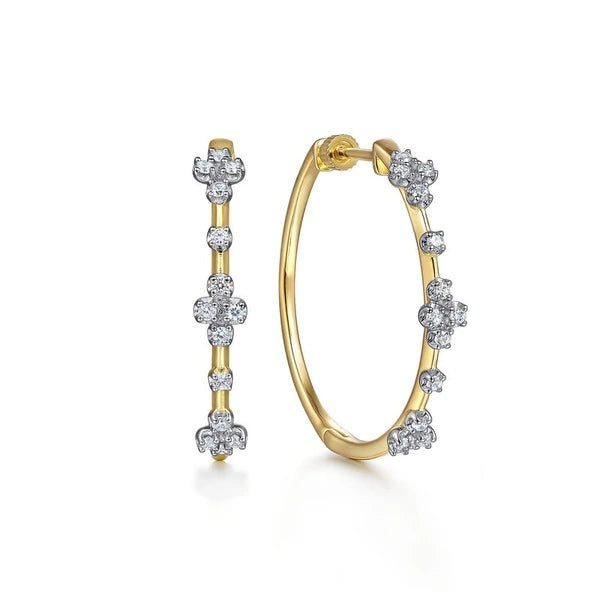 14K Yellow Gold Prong Set 30mm Round Classic Diamond Hoop Earrings