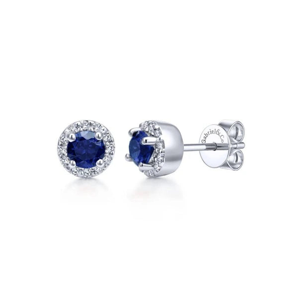 14k White Gold Round Sapphire & Diamond Halo Stud Earrings