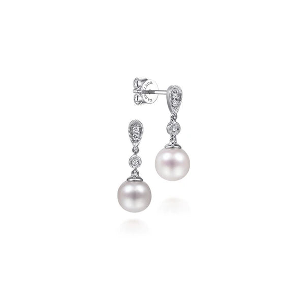 14K White Gold Vintage Inspired Style Diamond Pearl Drop Earrings