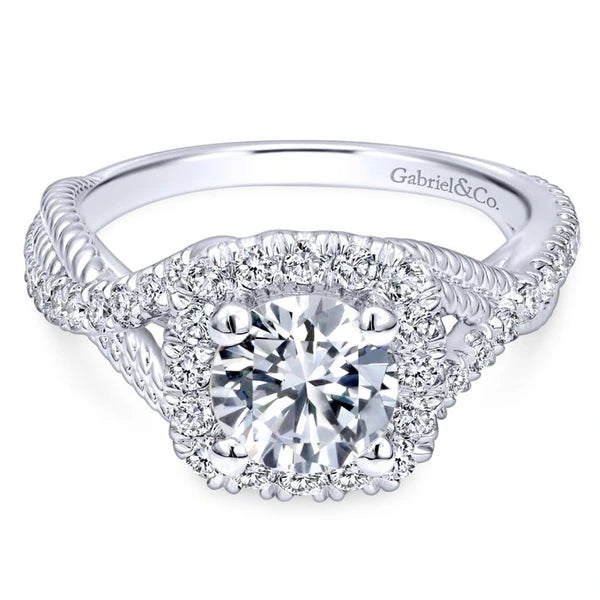 14K White Gold Cushion Halo Round Diamond Engagement Ring